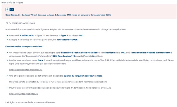 La ligne Y11 est devenue la ligne 4 du réseau TAC 